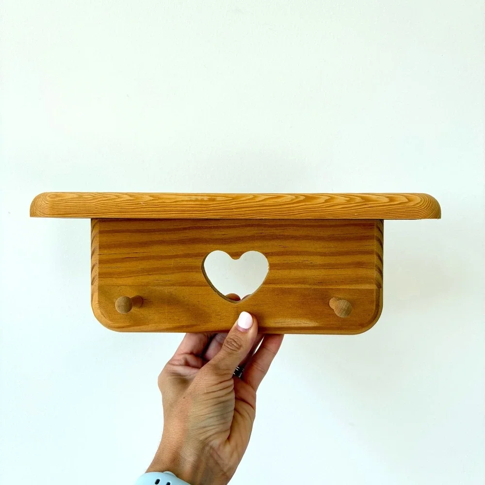 Vintage Pine Wood Wall Shelf Heart Cutout 2 Peg Towel Rack Country Rustic 12in